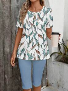 EMERY ROSE 休闲简约女士两件套，适合夏季穿着，饰有树叶印花图案 - 彩色 - 查看 5