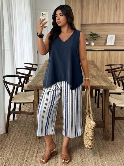 Weeklong 女士加大码V领不规则下摆无袖衬衫和纯色七分裤两件套，春夏款