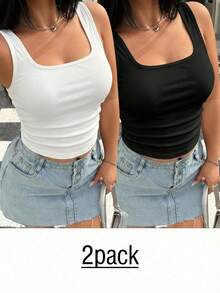 SHEIN EZwear 大码休闲简约背心，多件装女士背心上衣，运动背心，夏季运动背心，女士带垫上衣，女士背心上衣，赛车背心，女士基础款上衣，多件装上衣 - 黑與白 - 查看 3