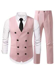 Manfinity Mode Men's Double-Breasted Vest And Pants Casual Suit Set - Pink - View 3