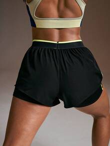 Powerista Women's Casual Elastic Waist Sports Shorts With Contrast Trim, Summer - Black - View 2