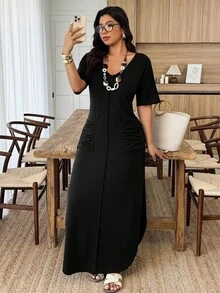 Weeklong Đầm dệt kim dáng suông cổ chữ V kẻ sọc hai túi xếp ly xẻ tà dành cho nữ cỡ lớn, thích hợp cho mùa xuân/hè. - màu đen - Xem 7