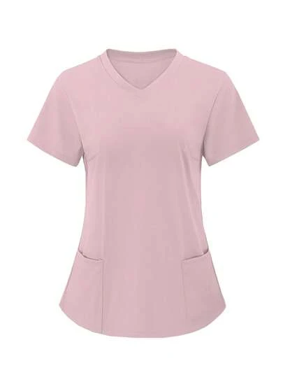 TaskEZ Áo đồng phục y tế tay ngắn cổ chữ V màu trơn có túi