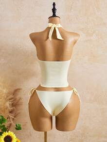 Swim Glamine Women's Lace Trim Halter Tie Tankini Top And Triangle Bottoms Casual Vacation Beach Swimsuit Set - Black - View 2