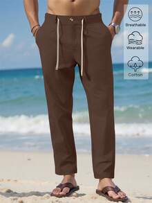 Manfinity RSRT Men Solid Drawstring Waist Pants Tapered Long Slacks Linen Cool Plain Going Out, Fall - Brown - View 3