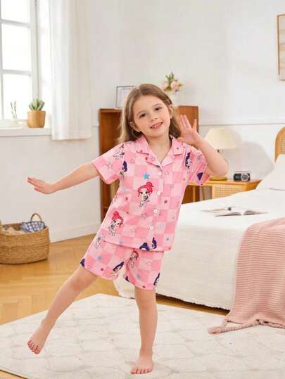 2pcs/Set Young Girl' Cute Pink Short Sleeve Top And Shorts Comfortable Pajama Set