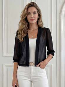 SHEIN LUNE Solid Open Front Sheer Mesh Jacket In Fall/Winter,Casual - Black - View 4