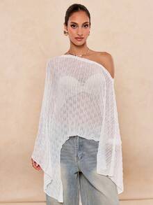 Lumalex 女士纯色不对称肩部休闲沙滩罩衫 - 白色 - 查看 12