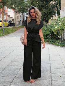 Jeta Ari 1套女士办公室裹胸系腰上衣和阔腿裤 - 黑色 - 查看 6