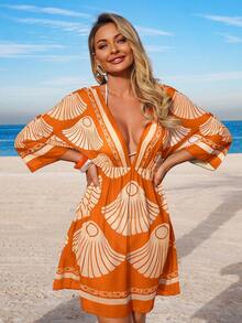 Swim Lushoire 女士春夏沙滩连衣裙，印花V领收腰度假长裙，含罩衫套装 - 橘色 - 查看 6