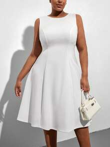 SHEIN Clasi Plus Size Elegant White Summer Curve Cocktail Party Dress,Sleeveless Solid Color Midi Fit And Flare Evening Dresses For Weddings,Prom Graduation Dress - White - View 7