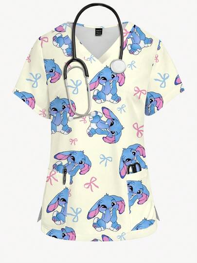 PopScrub Áo đồng phục y tế tay ngắn cổ chữ V in hình hoạt hình thỏ dễ thương dành cho nữ, kiểu dáng màu mơ nhạt họa tiết động vật.