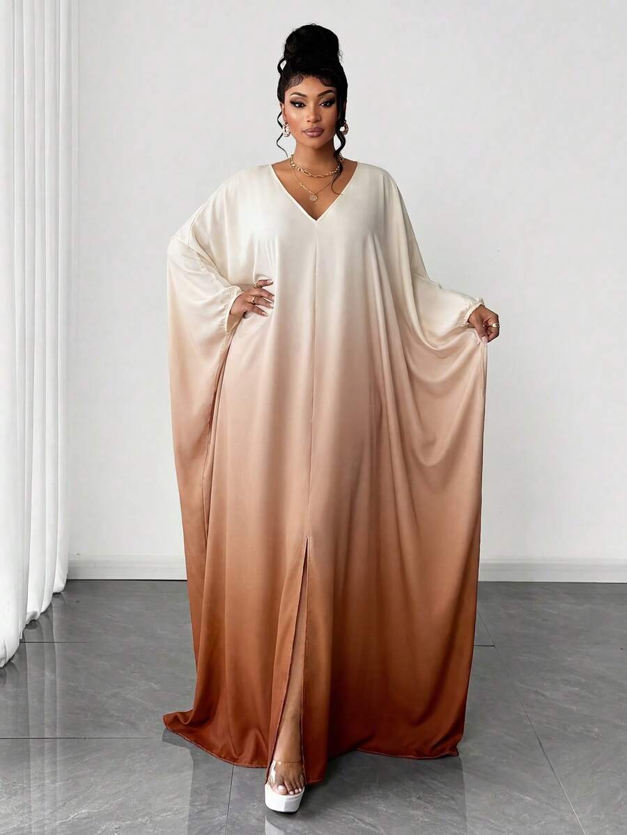 Maweii Plus Size Women's Elegant Romantic Luxurious Party Ombre V-Neck Loose Long Dress, Autumn/Winter - Brown - View 1