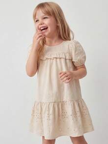 Maija Kids Maija Kids 少女仙氣優雅寬鬆可愛白色花卉與蝴蝶圖案方領短袖洋裝，日常穿著，返校季，春夏 - 卡其色 - 查看 7