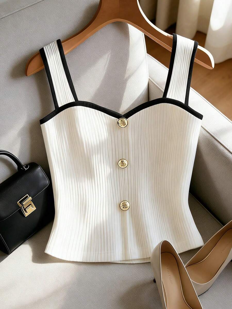 Franclia Nuevo llegado de primavera/verano Elegante estilo francés sin mangas Blanco Chic Decorativo Botón Contraste Color Blocking Camiseta de tirantes, Chaleco casual de mujer, Camisola sexy, Blusa sin mangas, Conjunto de primavera/verano - Blanco y Negro - Ver 1