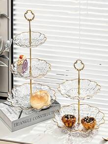 Elegant Gold Border Water Wave Pattern 2 Tier 3 Tier Cupcake Stand Petal Shaped Dessert Tower With Metal Rods Plastic Layered Trays For Christmas Thanksgiving Wedding Birthday Party Tea Party Home Decoration Centerpiece Display - Multicolor - View 5