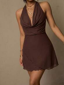 Freevana Plus Size Solid Color Minimalist Daily Wear Halter Neck Dress Summer Holiday Outfits Boho Style Hippie Country Island Vacation Sleeveless Dress Brown Dress Elegant Dress - Coffee Brown - View 5