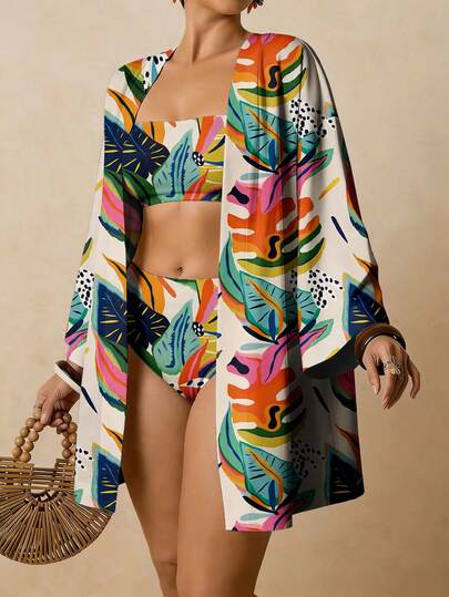 Travachic Große Größen Damen Tropenpflanze Muster Kimono Strandüberwurf, geeignet für Strandurlaub