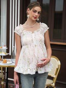 Momance Maternity Top With Wide Strap, Frill Trim, Front Button, Elastic Waist, Gathered Back, Ruffle Hem, Floral Print - White - View 6