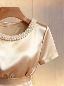 Franclia Satin Crepe Round Neck Beaded Puff Sleeve Waist Pleated Elegant Dress, Suitable For Summer Holiday, Elegant Party, Shiny Dress, Wedding Guest Dress - Apricot - View 3