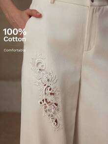 MOTF PREMIUM 女士棉质斜纹蕾丝拼接长裤，春夏款 - 白色 - 查看 5