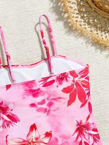Bañador de tankini de punto con estampado floral tropical para niñas, bañador para niñas, bañador floral rosa, bañador para adolescentes, bañador tropical floral rosa para niñas preadolescentes, bañador rosa para niñas, bañador casual de verano con estampado de flor de hibisco para niñas, bañador de tankini rosa con volantes para niñas, bañador floral rosa para niñas, bañador con estampado floral para niñas, bañador con estampado de hibisco para niñas - Rosa - Ver 5