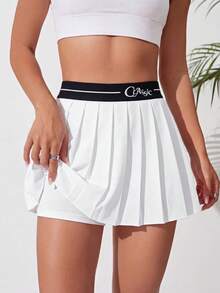 SHEIN Sports 女士夏季字母撞色弹力腰褶裥下摆网球短裙 - 白色 - 查看 4