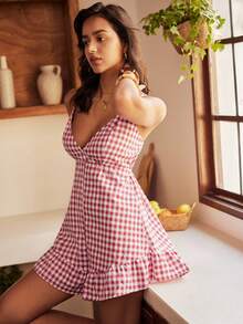 Women's Plaid Print Sleeveless Jumpsuit Pajamas, Spring/Summer - Multicolor - View 1