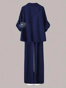 SHEIN LUNE 大码女式休闲两件套，纯色翻领单排扣休闲通勤衬衫和高腰宽松阔腿裤套装 - 藏蓝色 - 查看 2