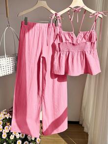 Comfortcana Woven Pink Linen Solid Color Camisole And Pants Set - Pink - View 2