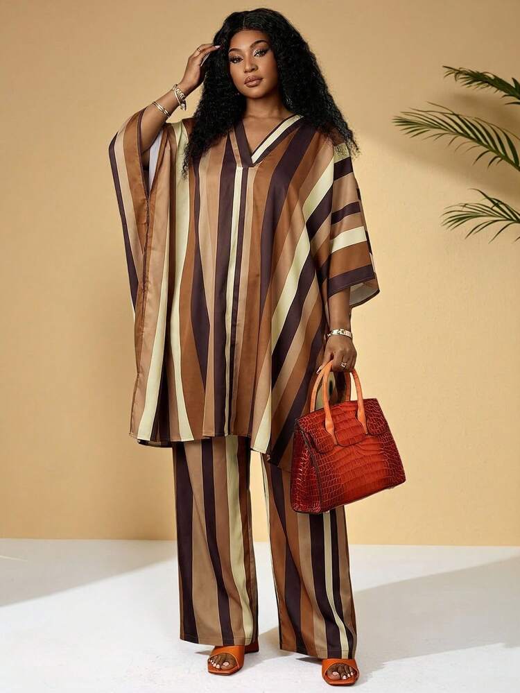 Plus Size V-Neck Batwing Sleeve Striped Loose 2 Pieces Set,Summer/Spring/Vacation