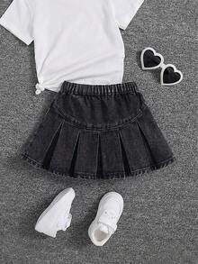 SHEIN Chân váy denim xếp ly cho bé gái, chân váy boho dễ thương mùa xuân hè. - màu đen - Xem 2