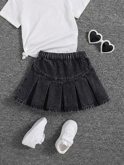SHEIN 少女褶裥牛仔裙，春夏波西米亚风可爱短裙