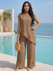 SHEIN Lady 女式度假休闲纯色立领不对称下摆上衣和裤子两件套 - 棕色 - 查看 3