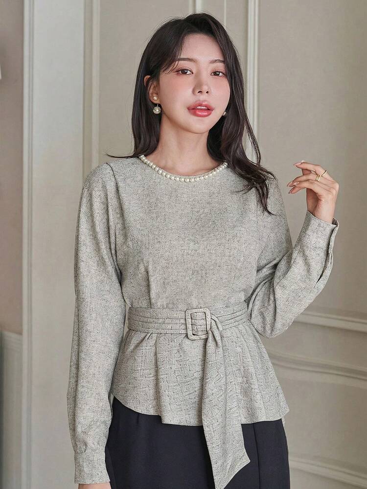 Women's Elegant Round Neck Belted Blouse, Autumn