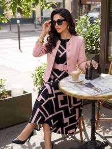 SHEIN Lady Bộ 2 món áo khoác trơn màu thanh lịch đi làm và váy không tay họa tiết hình học dành cho nữ - Nhiều màu - Xem 7