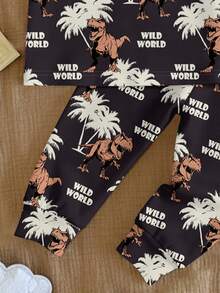 SHEIN Young Boy Casual Snug Fit Round Neck Short Sleeve Pants Set, Comfortable Home Wear, Classic Palm Tree & Dinosaur Print, Suitable For Spring/Summer - Multicolor - View 5