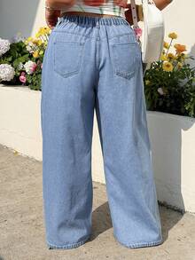 GalTyme 大码休闲水洗雏菊刺绣牛仔裤 - 藍色 - 查看 2