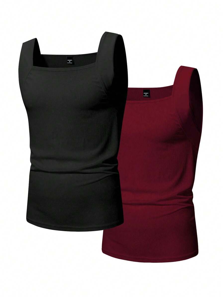 Manfinity Homme Plus Size Men's Solid Color Square Neck Ribbed Tank Top, Holiday - Multicolor - View 1
