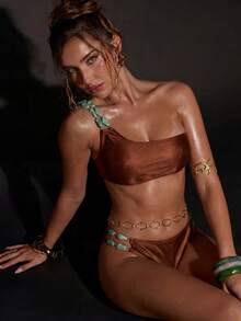 SHEIN BAE Women's Cute Coffee Brown Shiny One-Shoulder Bikini Set, Green Beaded Strap Swimwear, Summer Holiday Beach Party Resort Outfits, Elegant Swimwear - Brown - View 1