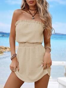 Swim Vcay Women's Summer Beach Solid Color Ruffle Waist Textured Vacation Dress - Apricot - View 3