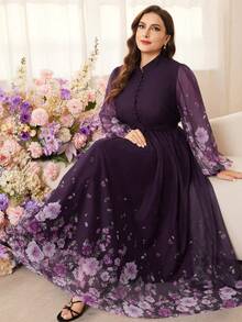 Modelyn 大码女式碎花长袖A字收腰浪漫优雅度假连衣裙 - 紫色 - 查看 1