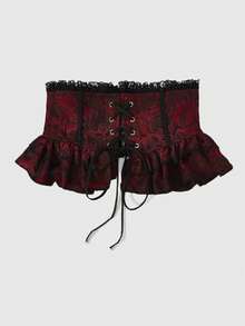 ROMWE Goth 1件深红色Y2K千禧一代朋克现代金属十字装饰链复古现代玫瑰印花蕾丝拼接时尚简约华丽女士腰封 - 紅色 - 查看 4