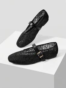 MOTF PREMIUM CÓMODAS Y VERSÁTILES BAILARINAS DE MUJER CON PUNTA CUADRADA ESTILO MARY JANE, ADECUADAS PARA COMMUTING Y USO CASUAL - Malla de encaje negro - Ver 8