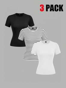 SHEIN EZwear 3件組女款休閒極簡風95%棉圓領修身長袖T恤，94%棉條紋，休閒，夏季，休閒，Y2k - 彩色 - 查看 10