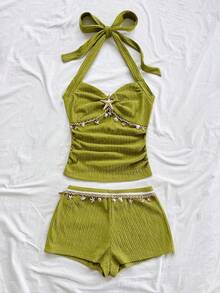 Soleia Women's Halter Backless Sleeveless Ruched Textured Fabric 2 Pieces Set, Summer - Green - View 4