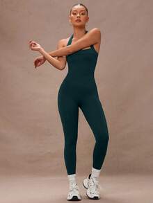 Lumalex 纯色褶皱露背无袖连体裤 - 墨綠色 - 查看 6