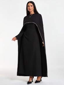 Elegant Black Middle Eastern Abaya Dress With Crystal Embellished Trim - Black - View 5