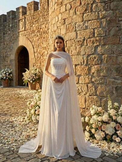 Glamrae Diseño plisado hecho a mano con hombros abiertos y silueta con cintura con ballenas, elegante y minimalista, adecuado para varias ocasiones como vestidos de novia y vestidos de gala