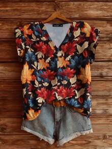 EMERY ROSE Spring/Summer Fashion Casual Resort Wear For Plus-Size Women Maple Leaf Floral Print Ruffled Sleeve Plus Size Tank Top Shirt Plus-Size Women's Beachwear - Multicolor - View 7